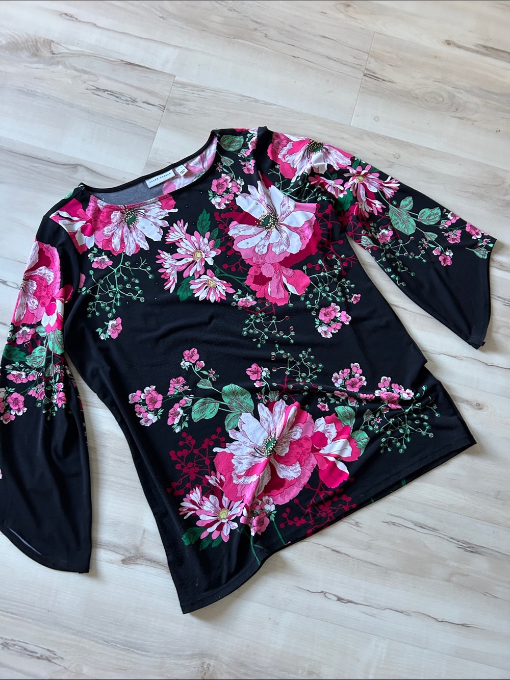 Susan Graver Black Top with Pink Floral Print